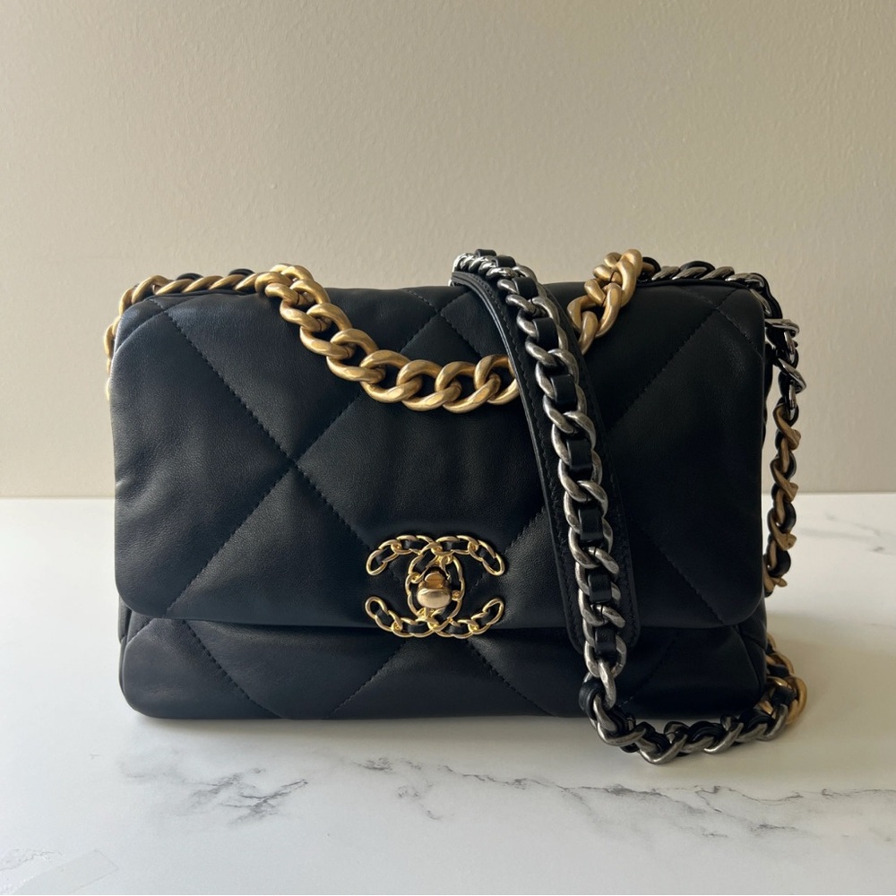 Chanel Black Leather Shoulder Bag with Gold and Silver Chain